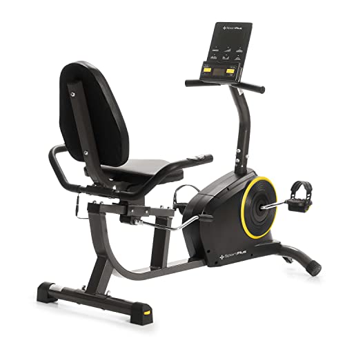 Bicicleta estática SportPlus (compatible con app), 24 niveles y 6 programas de entrenamiento, pedales antideslizantes, con pantalla y soporte para tablet, hasta 110 kg.